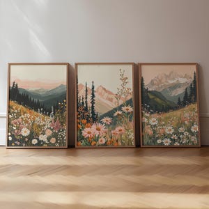 Stampa da parete della galleria del tramonto in montagna, set di 3 poster di paesaggi di fiori selvatici, arte moderna di metà secolo, boho artful floral, disegno di fiori boho