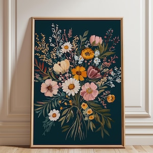花束のポスター、ミッドセンチュリーモダンウォールアート、ネイビーブルーの寝室プリント、ボヘミアンの芸術的な花柄アート、ボヘミアンの花の絵画、植物のプリント
