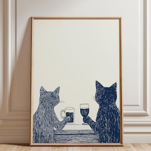 面白いバーカートのプリント、ワインビールのポスター、キッチンの壁飾り、猫の線画デジタル描画、ワインのプリントの細線、ヴィンテージレトロなキッチンアート