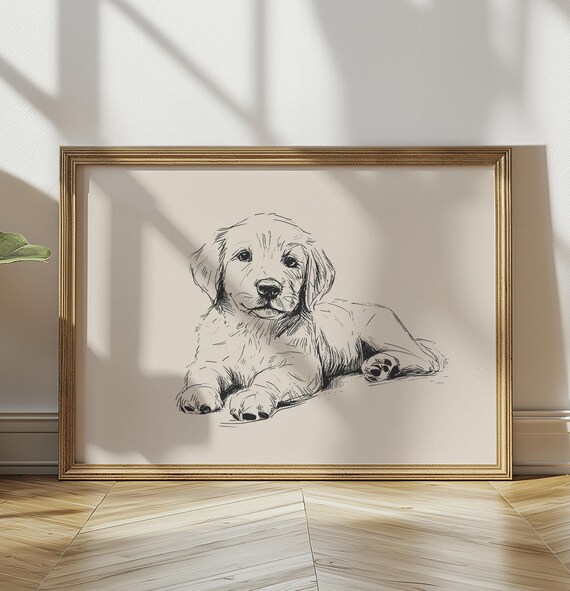 ゴールデンレトリバーの子犬のプリント：ヴィンテージの犬の絵、保育園