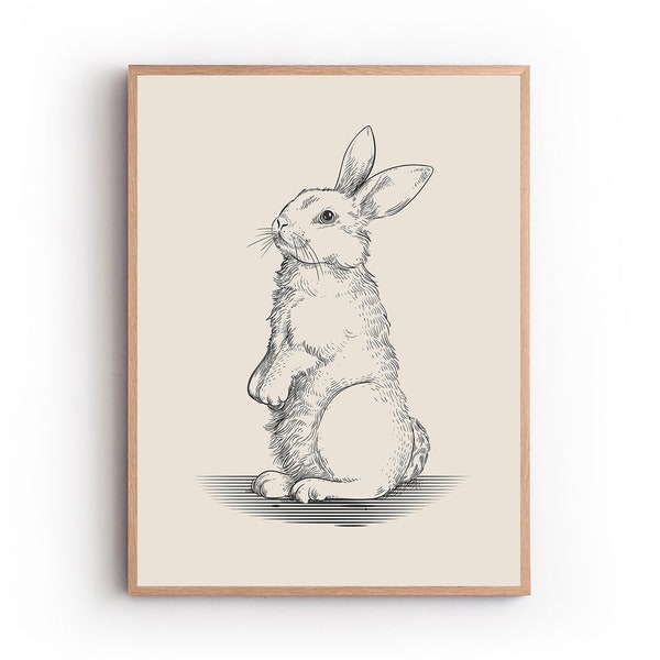 Rabbit Print, Animal line drawing prints, Animal sketch, Minimalist nursery print, Rabbit vintage drawing, Countryside art print wall art