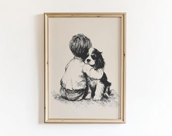 Cavalier King Charles with Boy Sketch: Cottagecore Baby Nursery Poster - PRINTED AND SHIPPED