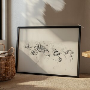 以下が含まれることがあります： 枕の上で眠る犬の白黒の線画。犬は丸まって、頭を足の上に置いています。絵は黒い額縁に入っています。