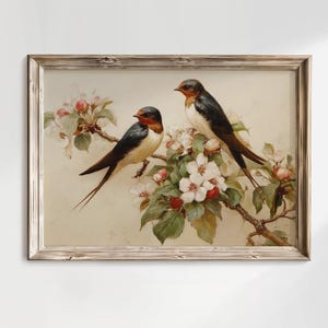 Könnte beinhalten: Ein gerahmter Vintage-Druck mit zwei Schwalben auf einem blühenden Ast. Die Vögel haben schwarzes, weißes und rotbraunes Gefieder. Der Ast zeigt weiße Blüten, grüne Blätter und kleine rote Beeren. Der Rahmen ist aus hellem, verwittertem Holz.