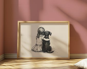 犬と女の子の保育園アート、子犬のスケッチ、犬のヴィンテージポスター