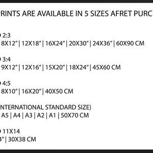 May include: A chart showing the different print sizes available for purchase. The chart lists five different aspect ratios: 2:3, 3:4, 4:5, ISO (International Standard Size), and 11x14. Each ratio lists the available sizes in inches and centimeters.