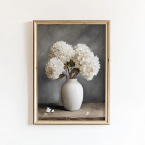 Botanical Wall Art, White Hydrangeas Printable Art, Flowers Oil Painting, Cottagecore Floral Poster, Rustic Bedroom Print, Farmhouse Drawing