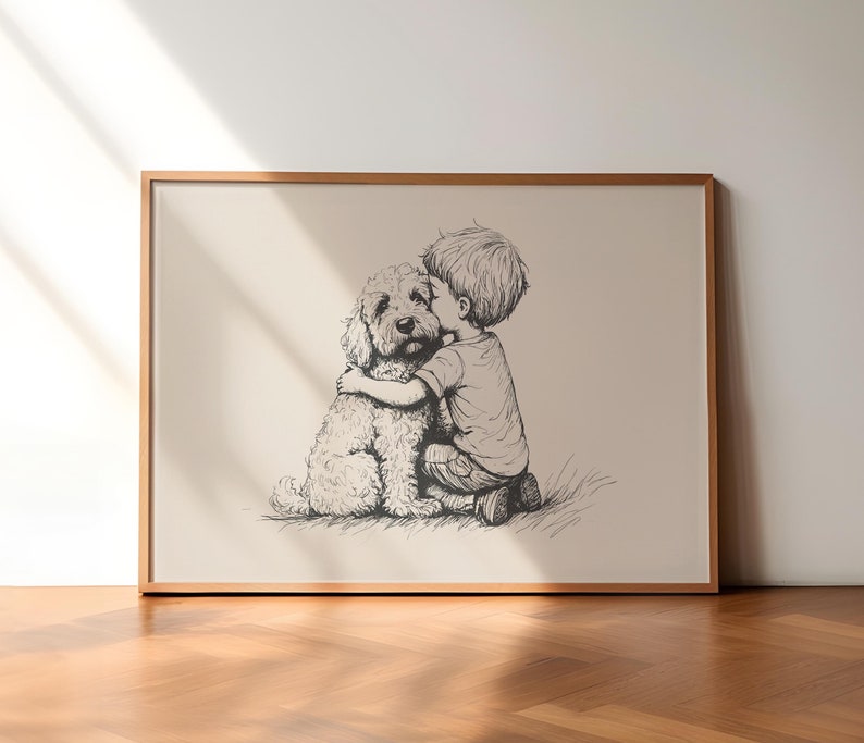 Jongen en een goldendoodle-print, hond vintage kunst, antieke vintage schilderkunst, boerderij muur decor, kunst aan de muur land, hond tekening, hond kunst aan de muur afbeelding 1