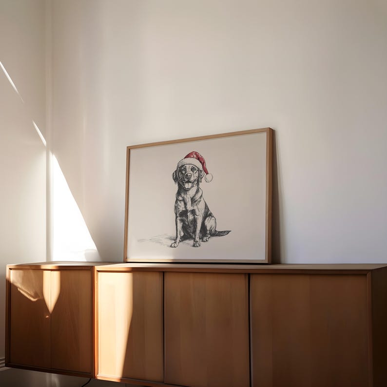 May include: A black and white illustration of a dog wearing a red Santa hat. The dog is sitting and looking to the right. The illustration is framed and hanging on a wall above a wooden cabinet.