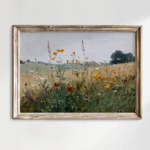 Cottagecore Oil Painting, Antique Wildflower Poster, Meadow Landscape Digital Download, Vintage Muted Flower Field Wall Art, Retro Drawing