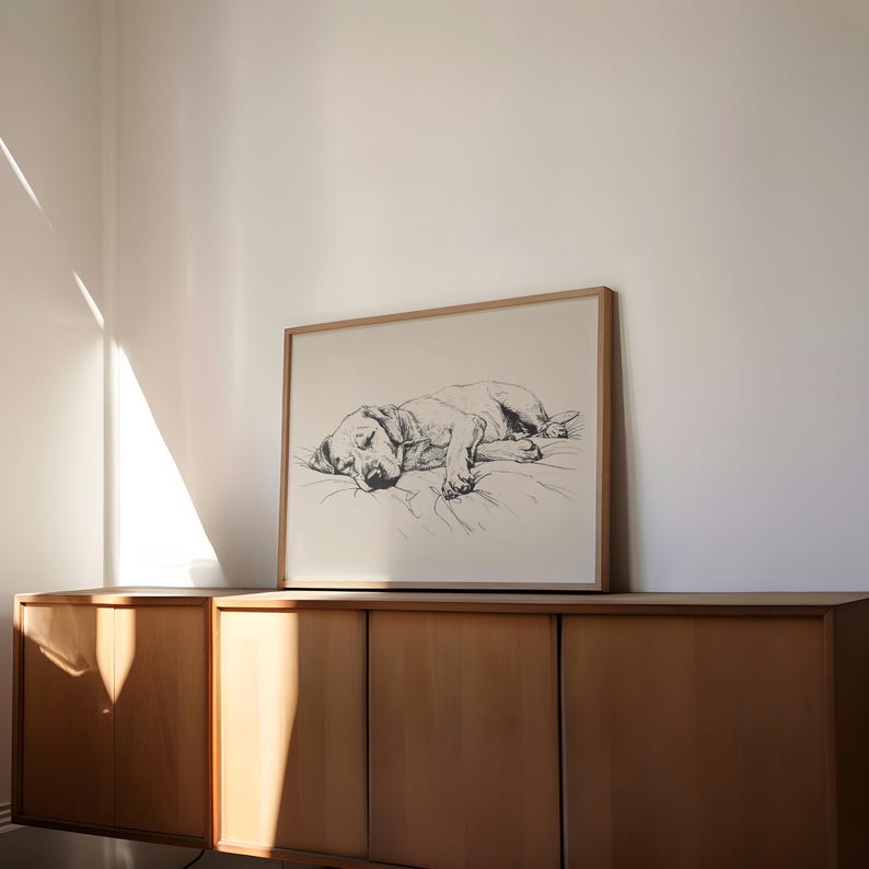 May include: A black and white line drawing of a dog sleeping on a bed. The drawing is framed and hanging on a wall above a wooden cabinet.