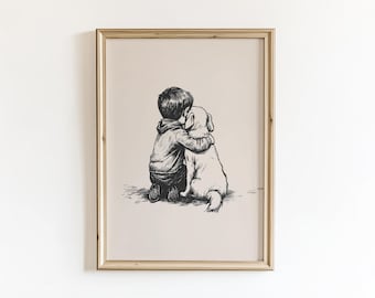 Stampa vintage di ragazzo e cane: antica decorazione murale per cameretta dei bambini - STAMPATA E SPEDITA