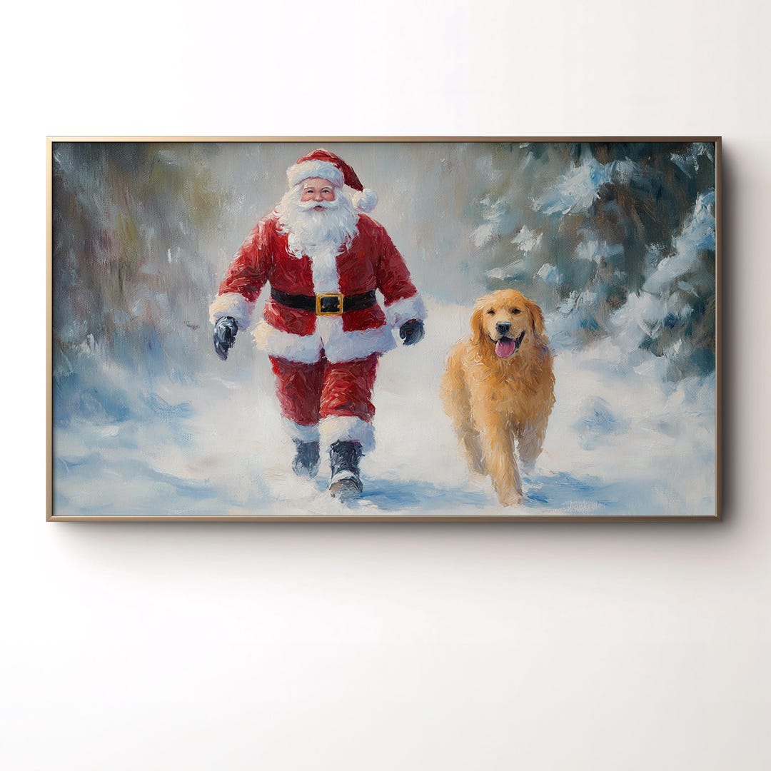 Santa With Golden Retriever Frame TV Art, Vintage Christmas (digital ...