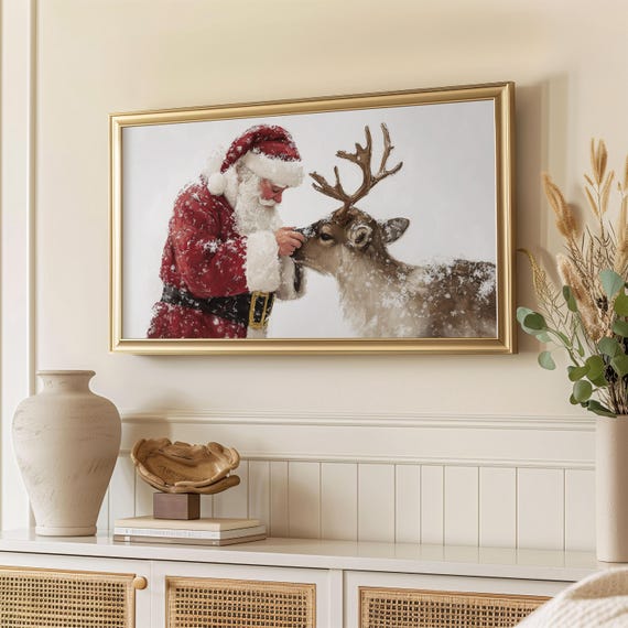 サンタクロースとトナカイのテレビアート：ヴィンテージクリスマス風景