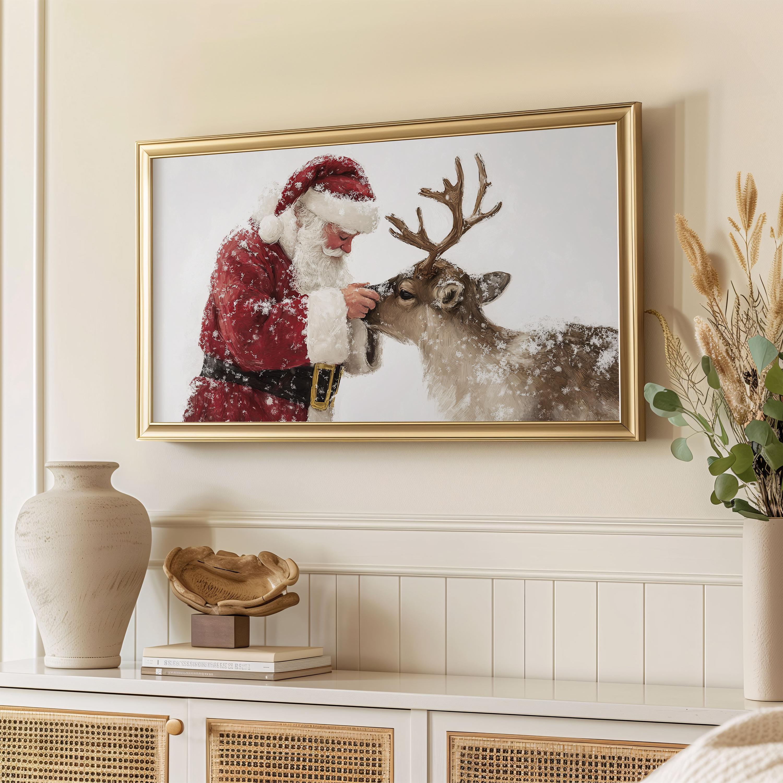 サンタクロースとトナカイのテレビアート：ヴィンテージクリスマス風景