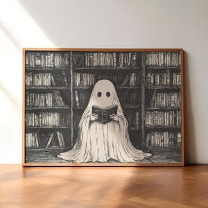 Vintage Library Ghost Print, Ghost Reading Book Print, Ghost Wall Art, Halloween Print, Halloween Wall Art, Spooky Poster, Halloween Decor