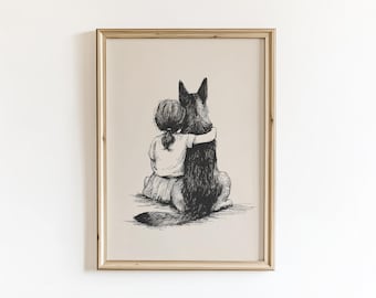 Girl with German Shepherd Vintage Art Print: Cottagecore Baby Nursery Decor - PRINTED AND SHIPPED