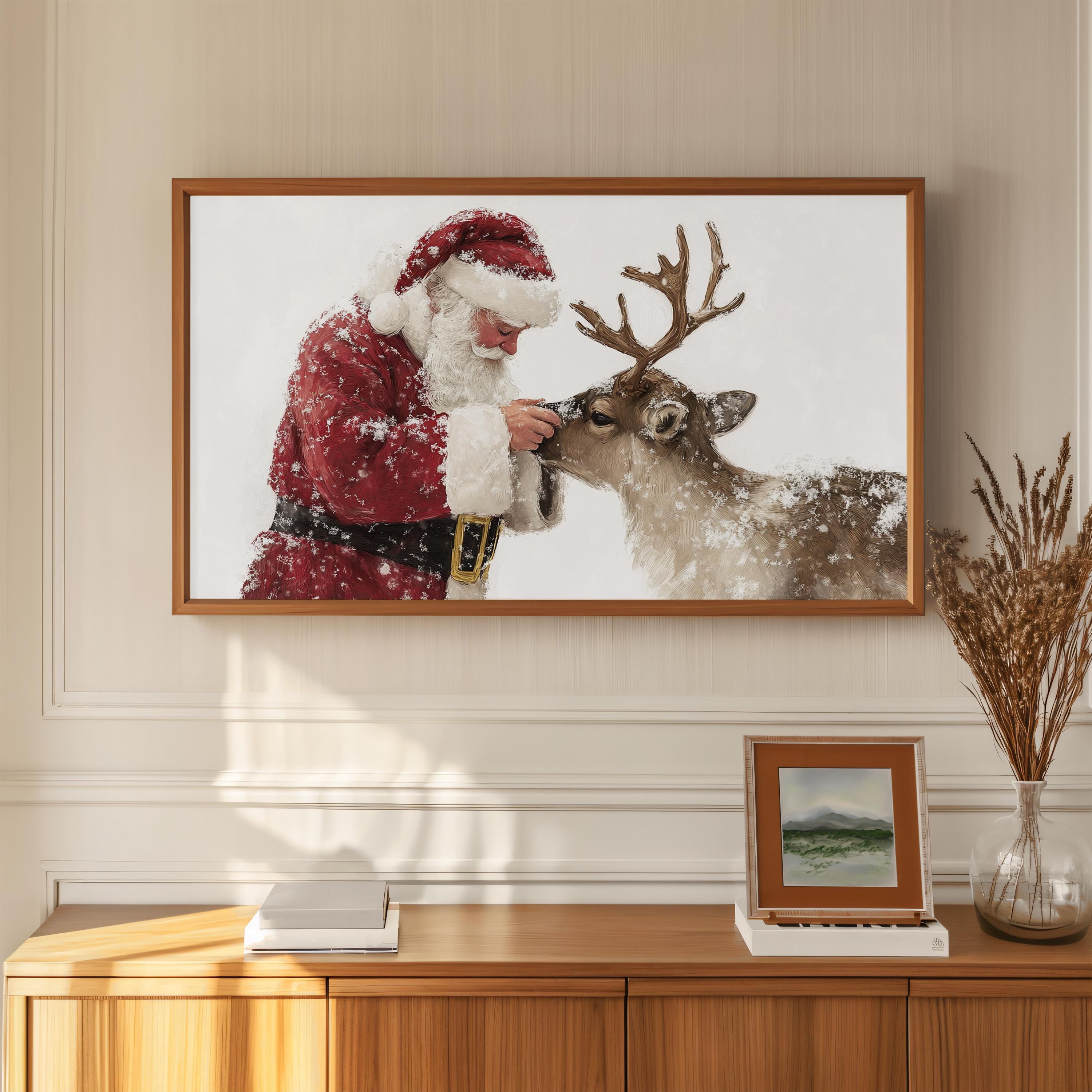 サンタクロースとトナカイのテレビアート：ヴィンテージクリスマス風景