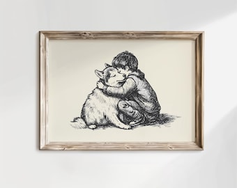 Junge und ein Husky-Vintage-Druck, antikes Kinderzimmer Vintage Gemälde, GEDRUCKT UND VERSENDET