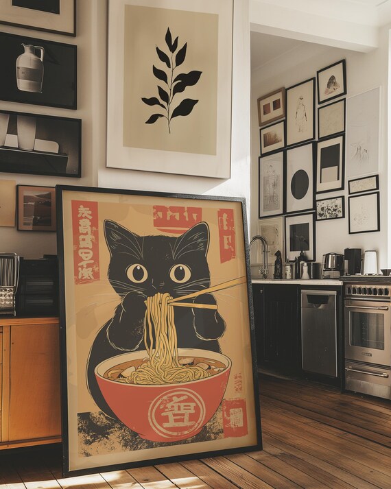 Retro Japanese Cat Noodle Poster: Asian Kitchen Art (digital