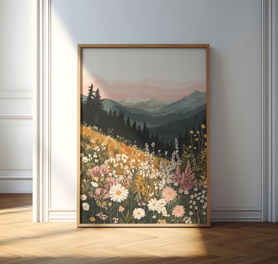 Mountain Sunset Poster, Wildflower Landscape Print, Midcentury Modern Wall Art, Boho Artful Floral Art, Living Room Decor, Flowers Drawing