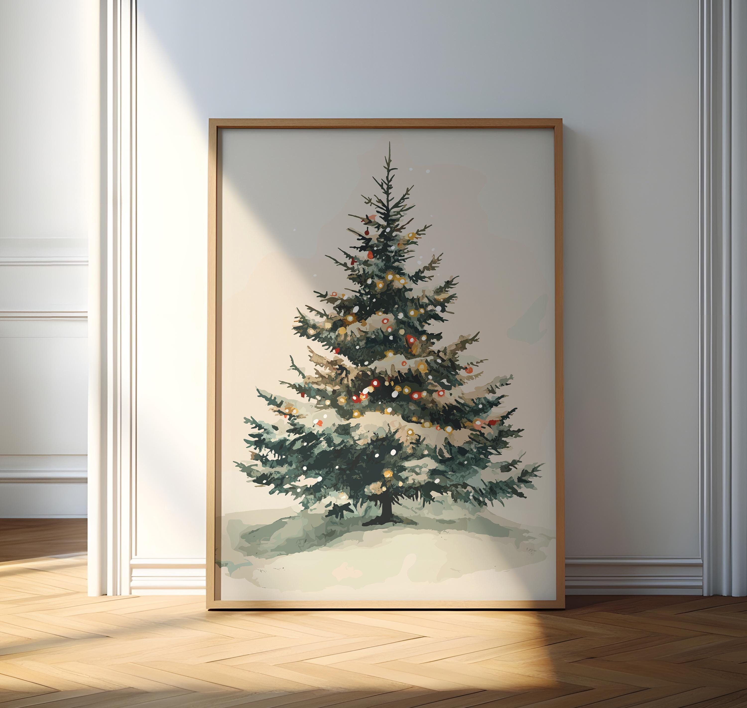 冬のクリスマスツリーの絵画、ホリデーウォールアート（デジタル