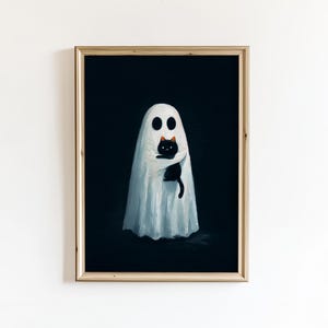 Ghost with Black Cat Vintage Poster, Cute Ghost Painting, Halloween Digital Print, Gothic Autumn Wall Art, Dark Academia Moody Wall Decor