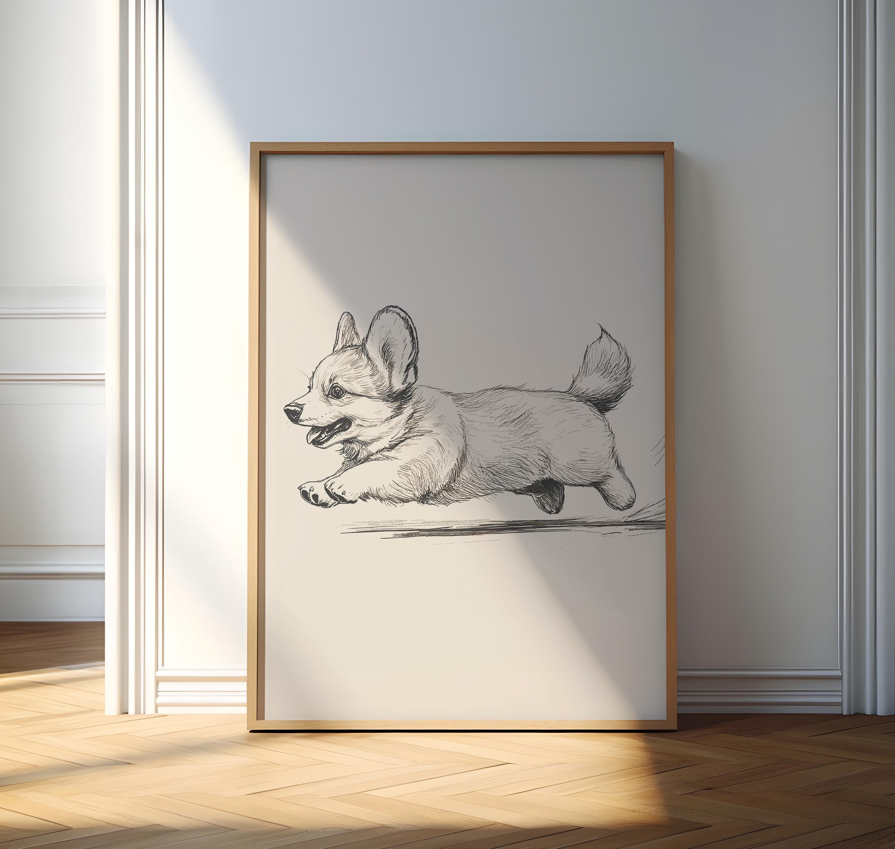 コーギープリント2枚セット：ヴィンテージ犬のイラスト、レトロな壁