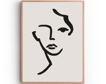 Boho print digital, Face line art, Mid Century art, Abstract face drawing, Boho decor, Boho poster, One line art print, Woman abstract print