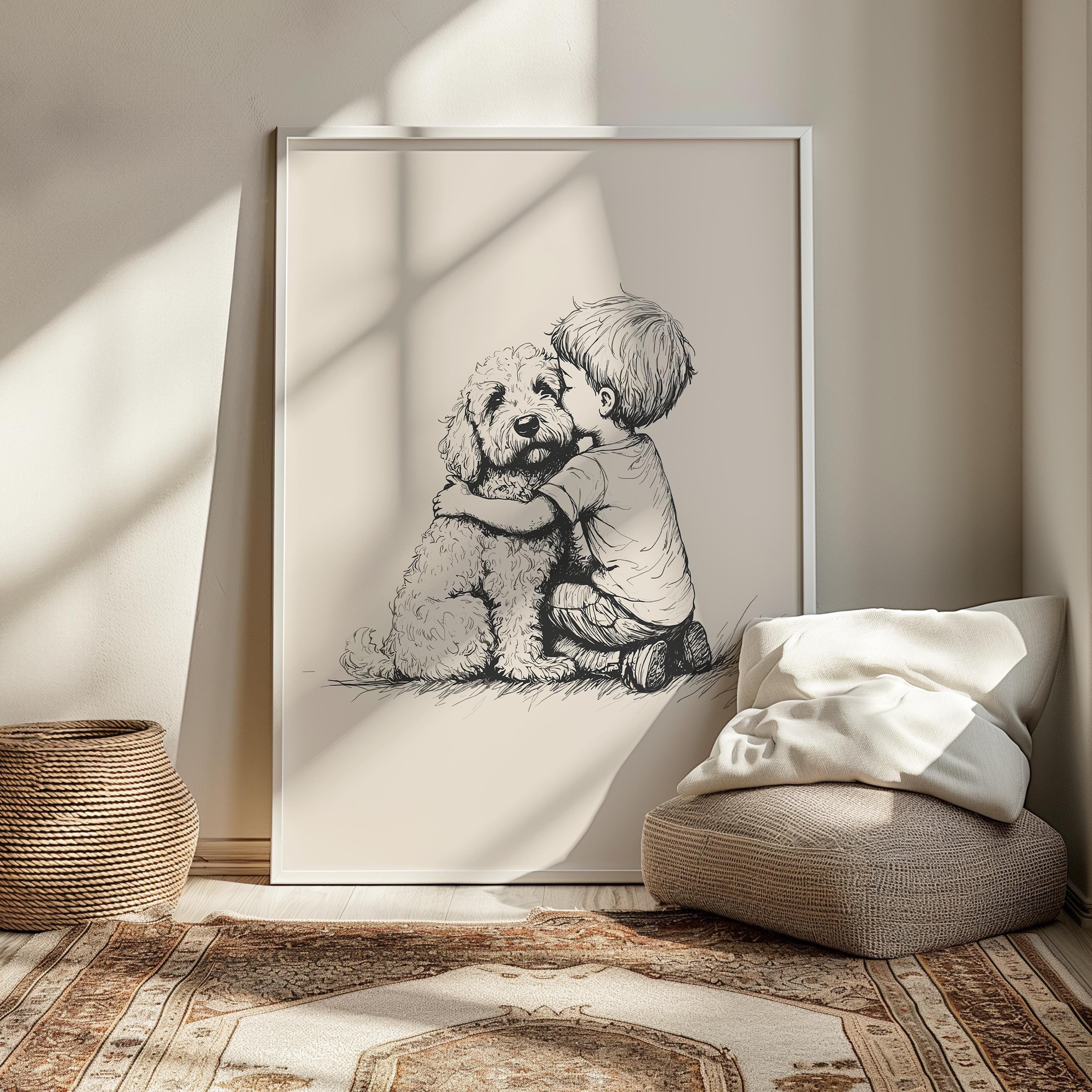 Jongen met goldendoodle kinderkamer print, puppy kinderkamer kunst, hond babykamer vintage poster, puppy schets, hond jongens kamer retro tekening
