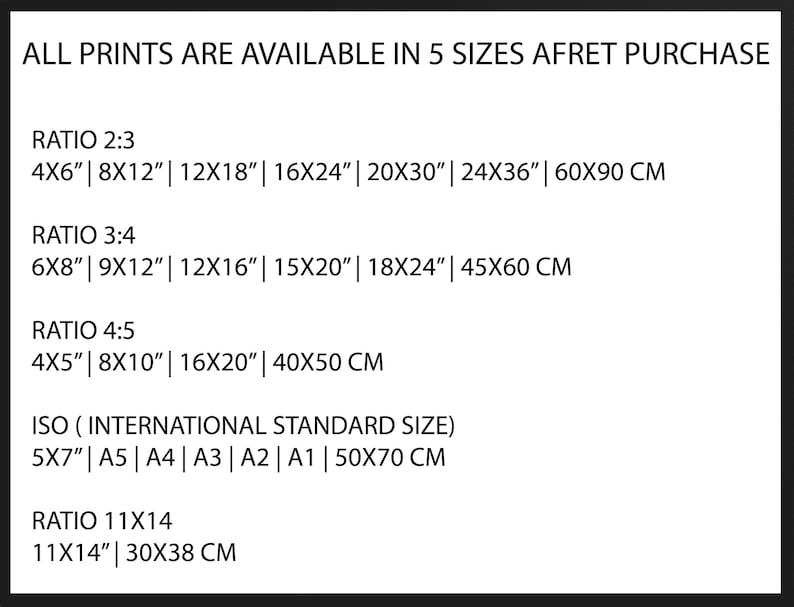 Op de afbeelding: Een tabel die de verschillende afdrukformaten laat zien die beschikbaar zijn voor aankoop. De tabel geeft vijf verschillende beeldverhoudingen weer: 2:3, 3:4, 4:5, ISO (internationale standaardmaat) en 11x14. Elke verhouding geeft de beschikbare formaten in inches en centimeters weer.