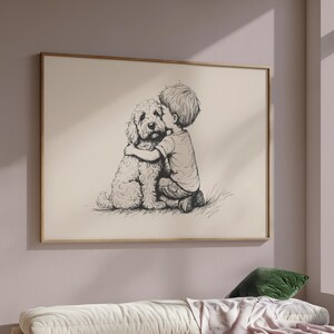 Jongen en een goldendoodle-print, hond vintage kunst, antieke vintage schilderkunst, boerderij muur decor, kunst aan de muur land, hond tekening, hond kunst aan de muur afbeelding 4