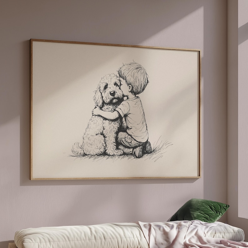 Jongen en een goldendoodle-print, hond vintage kunst, antieke vintage schilderkunst, boerderij muur decor, kunst aan de muur land, hond tekening, hond kunst aan de muur afbeelding 4