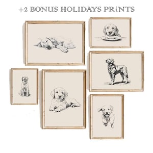 Golden Retriever Prints Set, Dog Lover Gift Idea, Dog Vintage Print, Antique Vintage Painting, Dog Drawing, Farmhouse Print, Christmas Gift