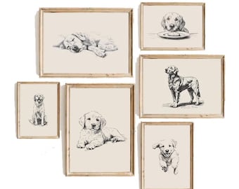 Golden Retriever Drucke Set, Hundeliebhaber Geschenkidee, Hund Vintage Druck, Antike Vintage Malerei, Hunde Zeichnung, Bauernhaus Druck, Weihnachtsgeschenk