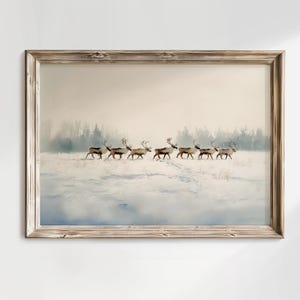 Reindeers on Winter Landscape Print, Forest Animal Artwork, Watercolor Deer Christmas Poster, Vintage Painting, Farmhouse Digital Poster