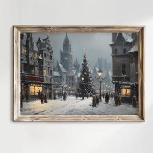 Snowy Cityscape Drawing, Vintage Christmas Artwork, Winter City Street Print, Victorian Scene Painting, Holiday Poster, Retro Christmas Art