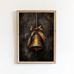 Rustic Bell Christmas Poster, Gold and Black Moody Holiday Painting, Vintage Christmas Print, Antique Christmas Drawing, Farmhouse Decor