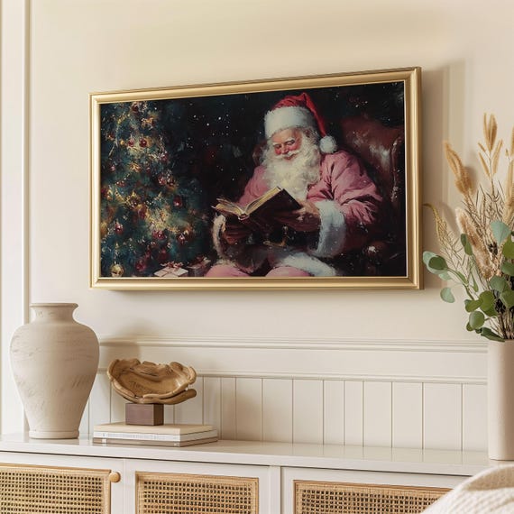 油絵 絵画【サンタの里】 パステルピンクのクリスマスTVアート：ヴィンテージサンタの絵画