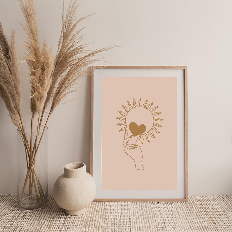 Art abstract print, Abstract sun print, Sun boho print, Pink golden print, Sun abstract digital print, Boho print, Digital print boho style image 4