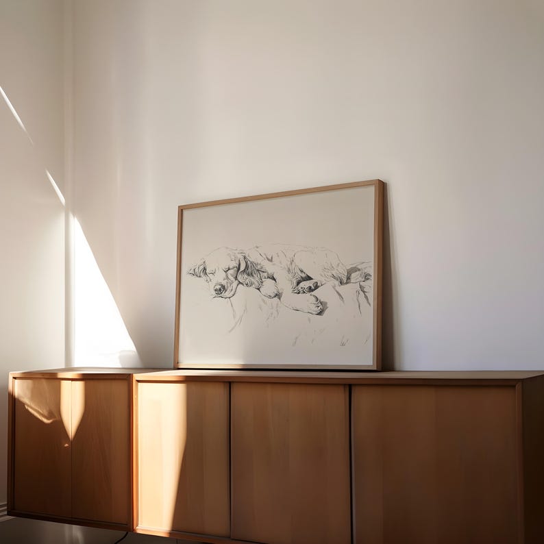 以下が含まれることがあります： ベッドで眠っている犬の白黒の額縁入り絵画。絵画は木製のキャビネットの上の壁にかけられています。