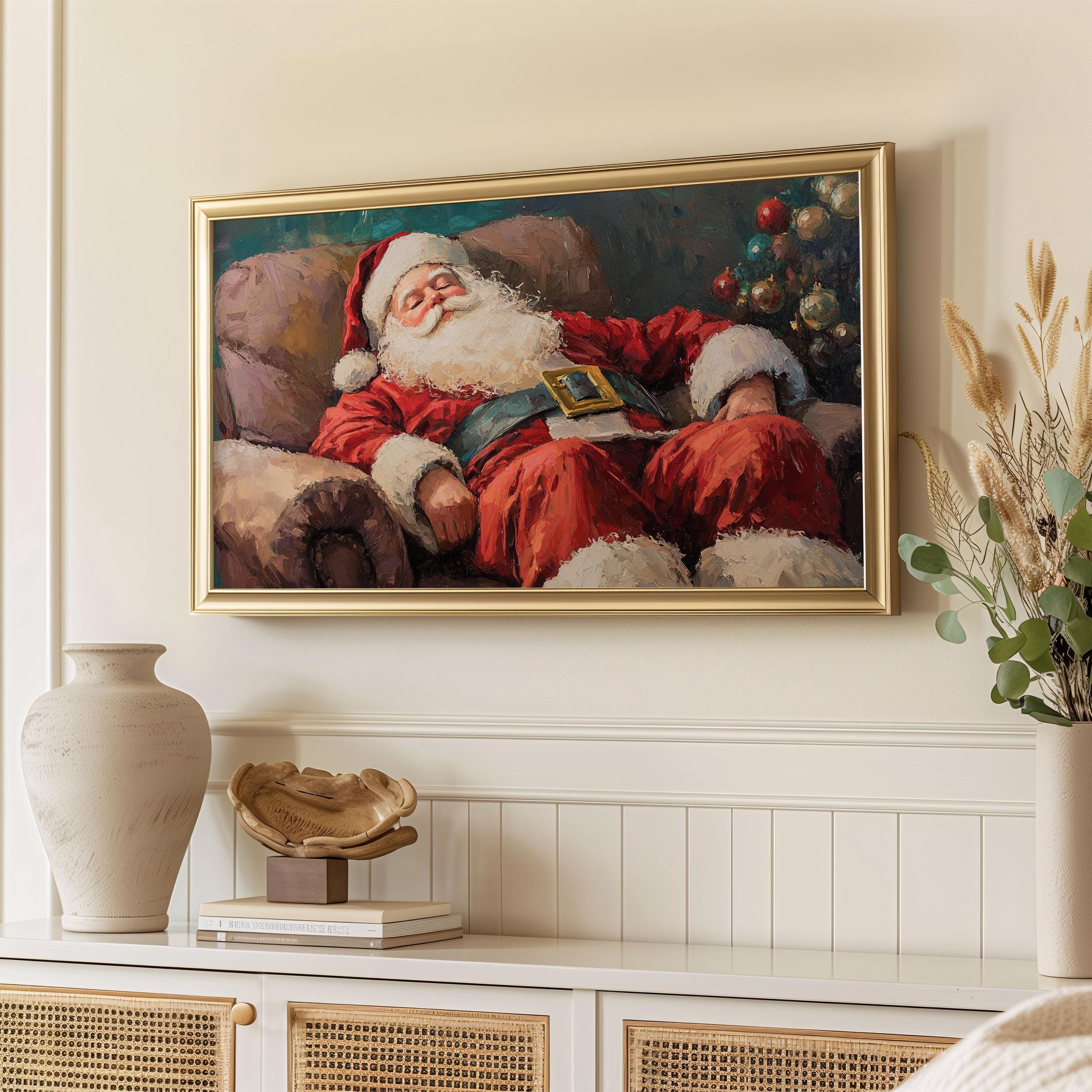 ヴィンテージの眠っているサンタの絵画：クリスマス TV アート