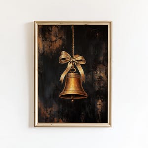 Vintage Bells Christmas Painting, Gold and Black Moody Holiday Print, Vintage Christmas Poster, Antique Christmas Drawing, Farmhouse Decor