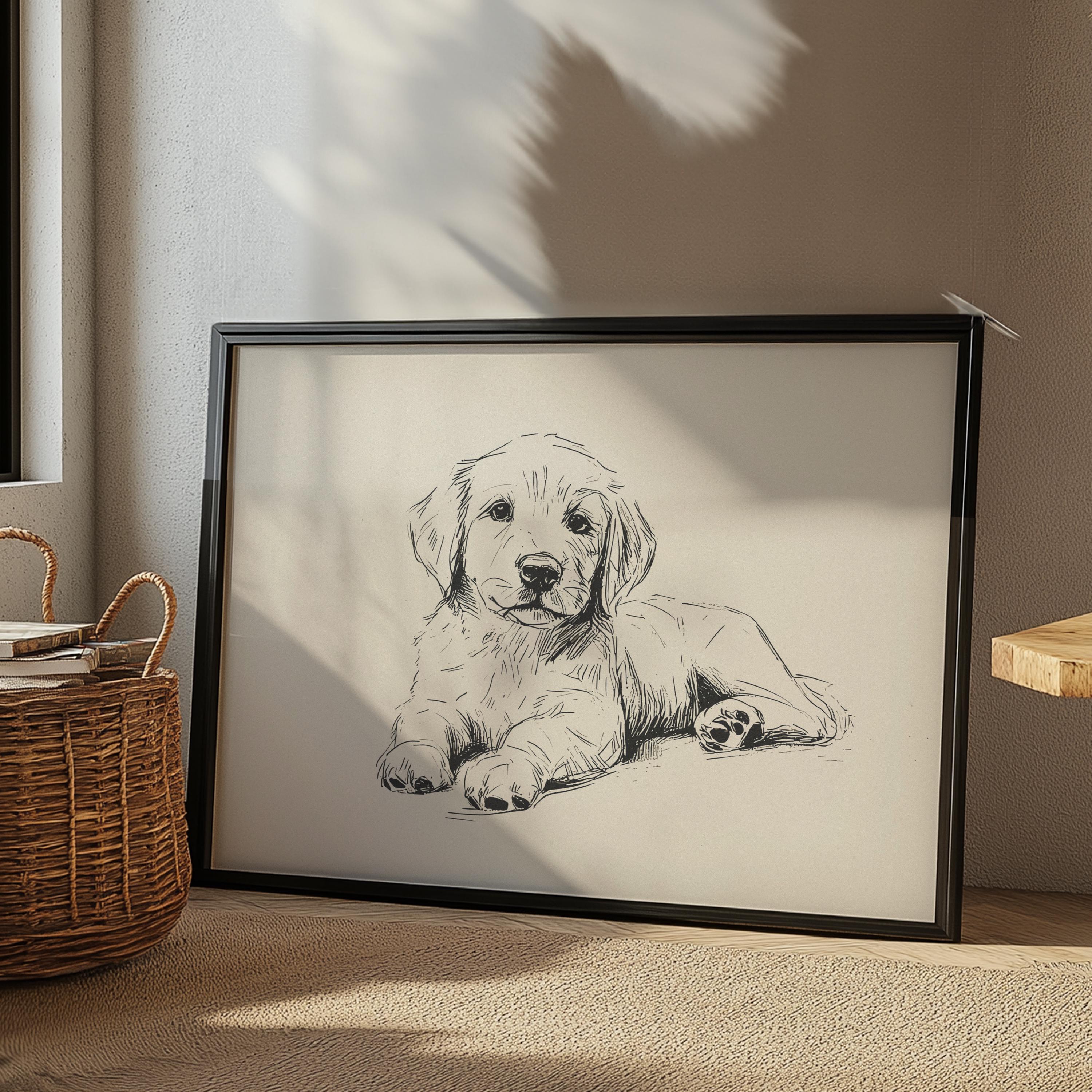 ゴールデンレトリバーの子犬のプリント：ヴィンテージの犬の絵、保育園