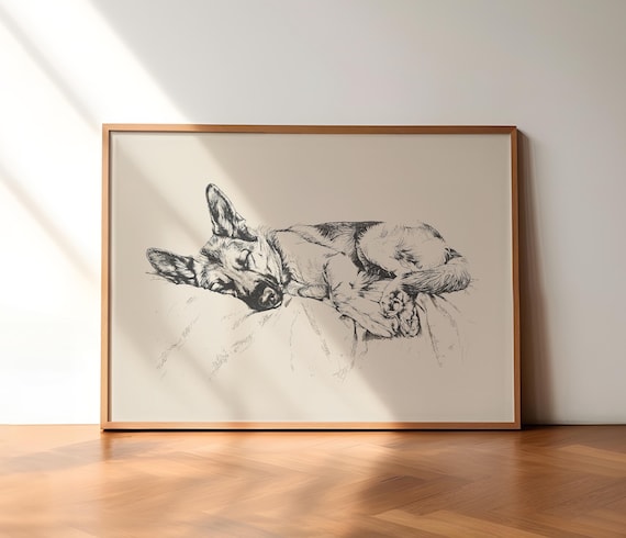 German Shepherd Sleeping Print, Dog Vintage Print, Dog Wall Art, Antique Vintage Painting, Dog Drawing Art, German Shepherd Illustration