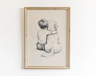 Boy with Golden Retriever Poster, Nursery Vintage Drawing, PRINTED AND SHIPPED