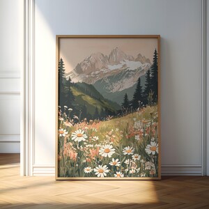 May include: A digital painting of a mountain range with a field of white daisies in the foreground. The mountains are a light blue and purple color, and the sky is a light pink color.