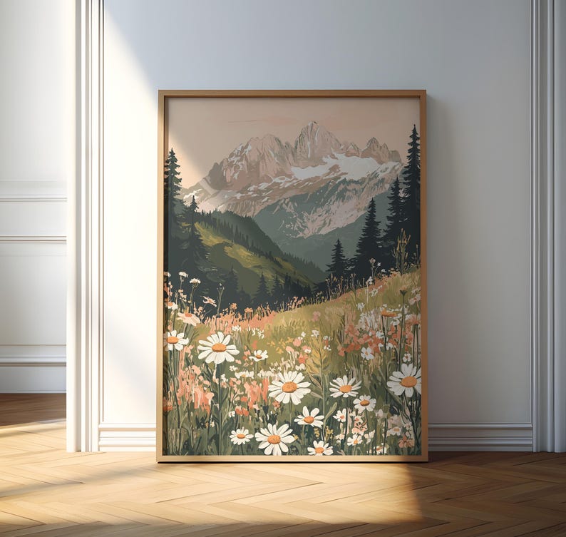 May include: A digital painting of a mountain range with a field of white daisies in the foreground. The mountains are a light blue and purple color, and the sky is a light pink color.