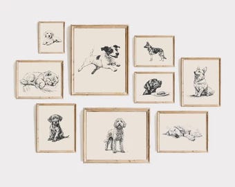 Vintage Dog Prints Set, Dog Lover Gift Idea, Dog Vintage Gallery Wall, Antique Vintage Drawing, Dog Drawing, Farmhouse Print, Christmas Gift