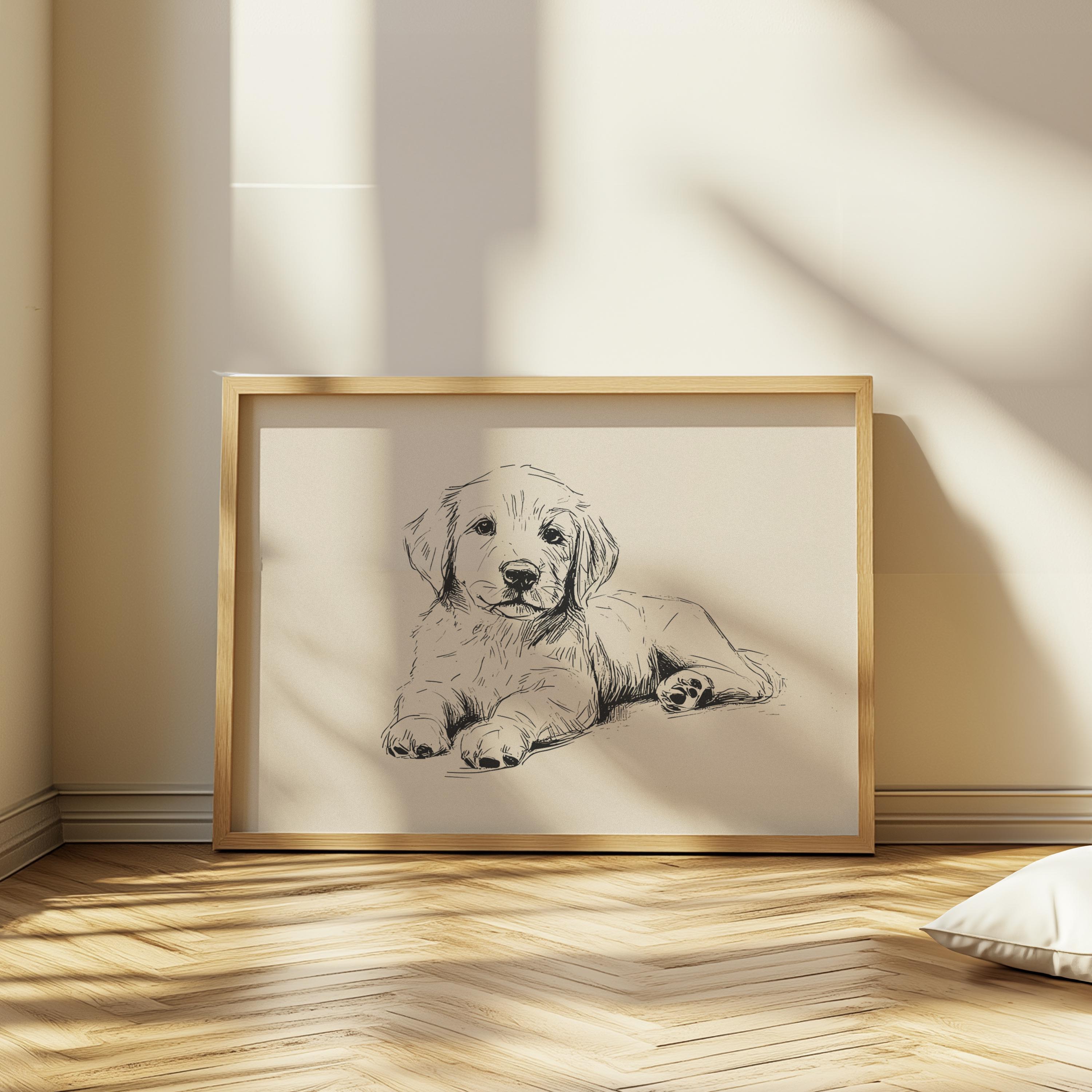 ゴールデンレトリバーの子犬のプリント：ヴィンテージの犬の絵、保育園